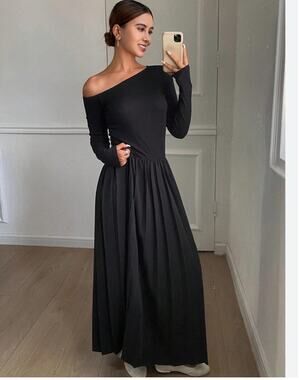 Dazy Black Off Shoulder Pleated Maxi Dress Formal Minimalist Size L NWT
